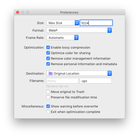 Optimage Preferences Screenshot
